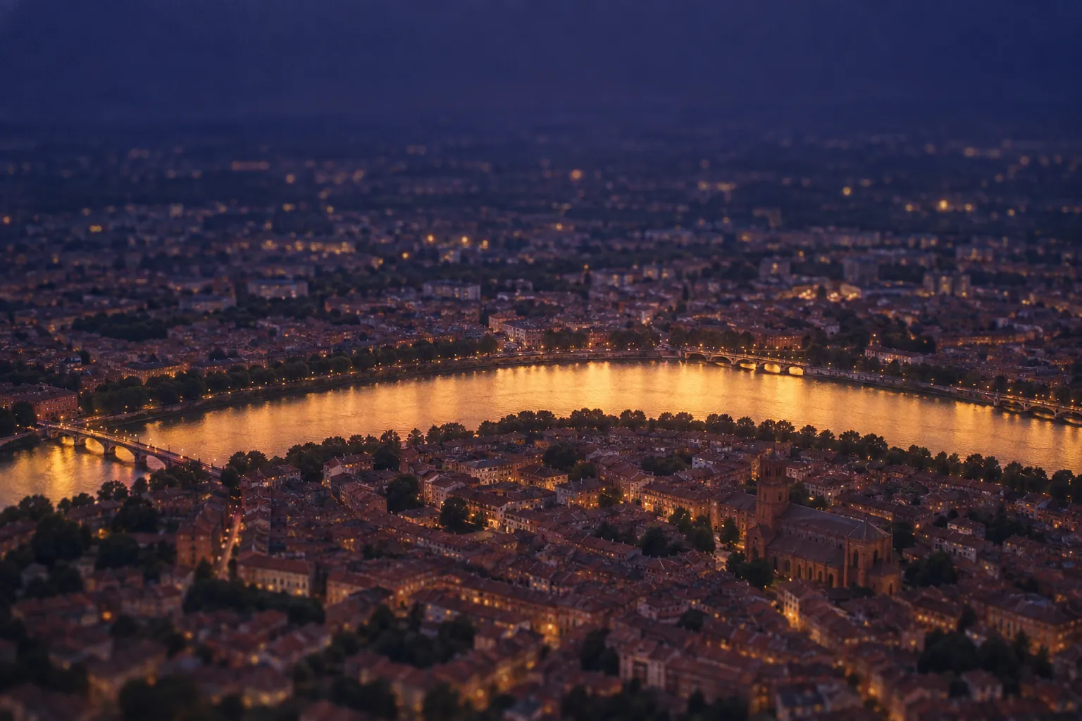 The Garonne flows through Toulouse at dusk